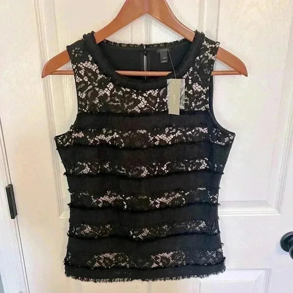 NWT J Crew Fringey Top In Tweed And Lace Black size XS